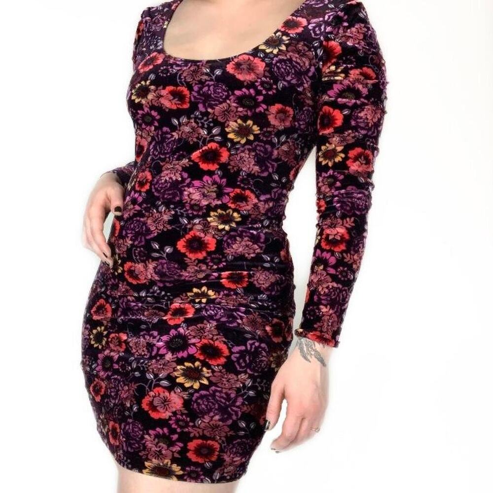 CANDIE'S Floral Velvet Bodycon Mini Dress Long Sleeve Scoop Neck Purple Size S - Picture 2 of 14